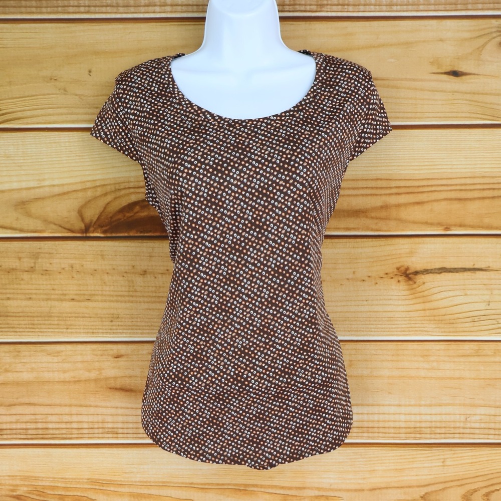 Emaline Cap Sleeve Blouse Round Neck Women Size M Brown Stretch Poly Lightweight